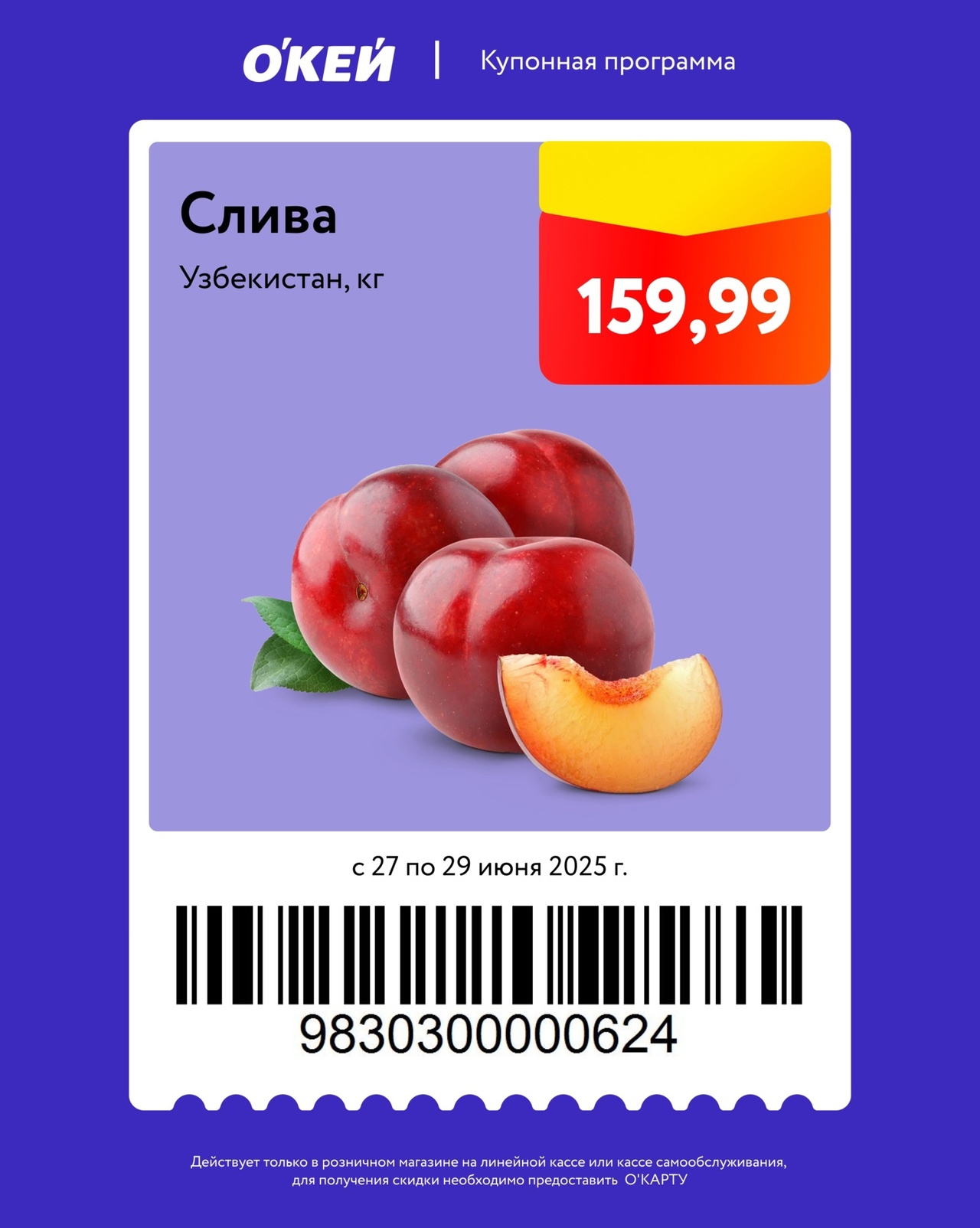 Сочная слива из Узбекистана всего за 159,99 руб/кг. Купон действует с 27 по 29 июня 2025 г. Спешите за свежими фруктами!