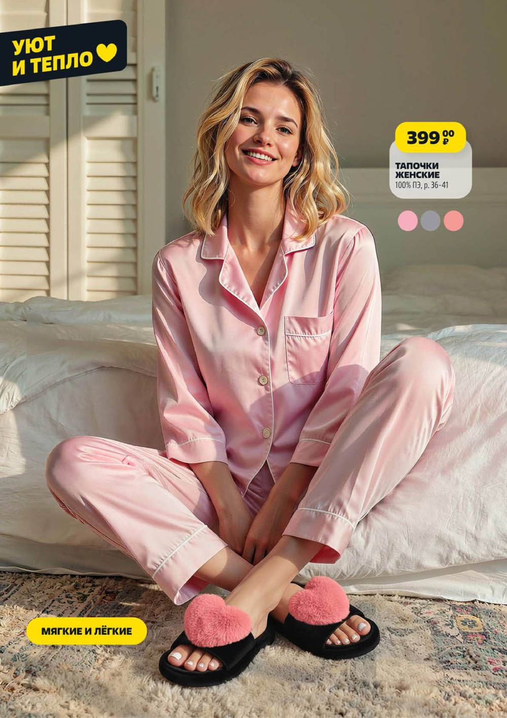 Женские тапочки 100% ПЭ, размеры 36-41. Мягкие, легкие и удобные для дома. Специальная цена всего 399 рублей. Создайте уют и тепло.