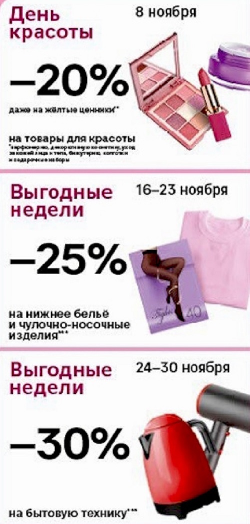 -20% на товары для красоты (8.11). -25% на нижнее белье и чулочно-носочные изделия (16-23.11) и -30% бытовую технику (24-30.11).