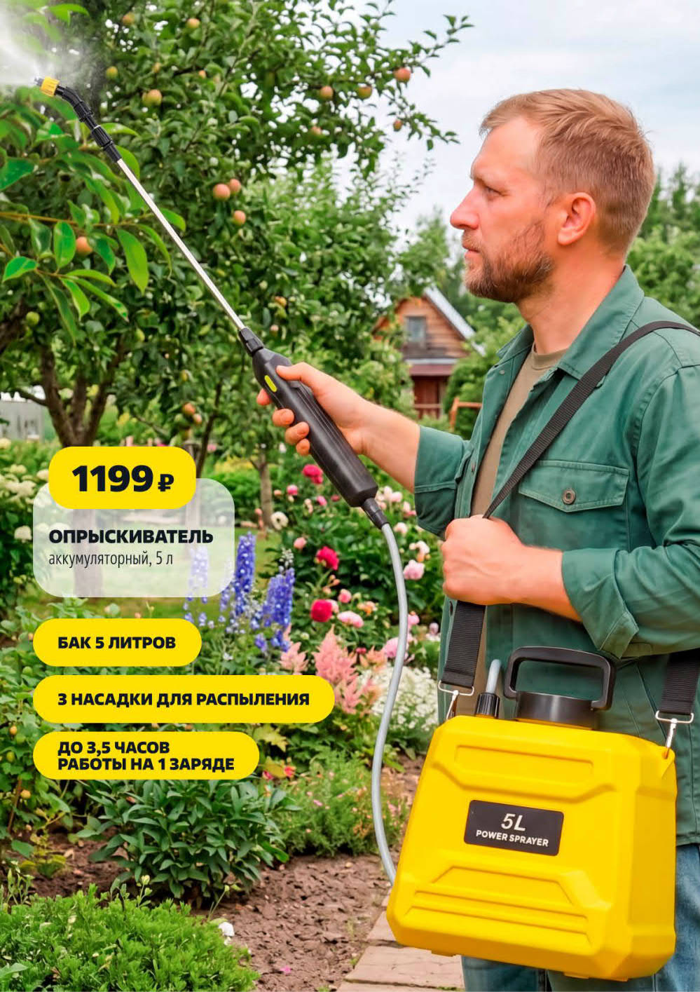 Страница 12: Опрыскиватель аккумуляторный 5 л 1199 ₽, 3 насадки, до 3,5 часов работы.