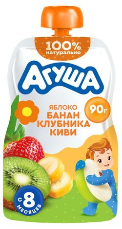 Пюре фруктовое «Агуша» яблоко-банан-клубника-киви с 8 мес., 90 г