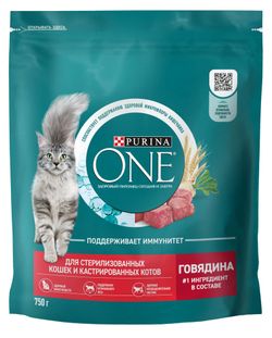 Корм сухой для стерилизованных и кастрированных кошек Purina ONE с говядиной, 750 г