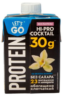 Коктейль молочный протеиновый Lets Go Protein без лактозы без сахара со вкусом ванили 0% БЗМЖ, 500 г