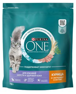 Корм сухой для кошек Purina ONE для красивой шерсти здоровой кожи и контроля образования волосяных комков с курицей, 750 г