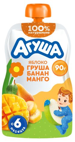 Пюре фруктовое «Агуша» яблоко-груша-банан-манго с 6 мес., 90 г