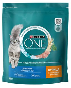 Корм сухой для кошек старше 11 лет Purina ONE с курицей, 750 г