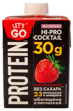 Коктейль молочный протеиновый Lets Go Protein без лактозы без сахара со вкусом клубники 0% БЗМЖ, 500 г