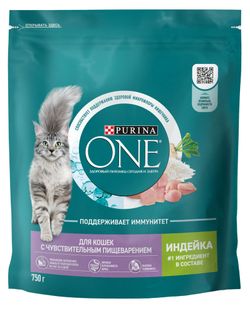 Корм сухой для кошек с чувствительным пищеварением Purina ONE с индейкой, 750 г