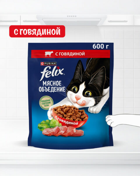 Сухой корм "Мясное объедение", FELIX, с говядиной, 600 г