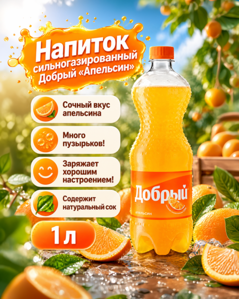 Напиток безалкогольный сильногазированный "Апельсин", Добрый, 1 л
