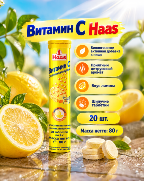 Витамин C с лимонным вкусом, Haas, 80 г