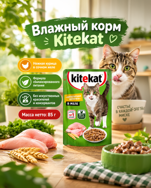 Влажный корм для кошек, Kitekat, с курицей в соусе, 85 г