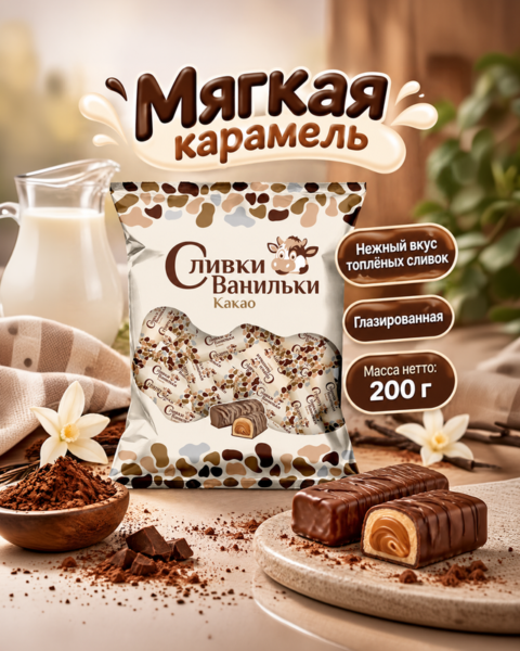 Мягкая карамель "Сливки-Ванильки", 200 г, в ассортименте