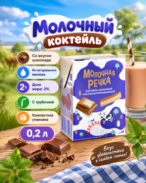 Молочный коктейль, Молочная Речка, шоколад, 2%, БЗМЖ, 0,2 л