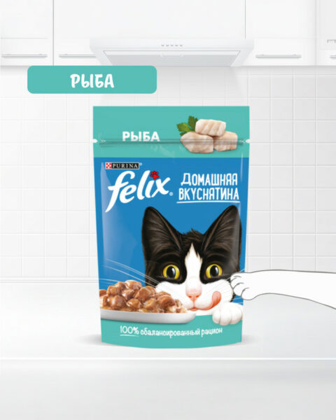 Влажный корм для взрослых кошек "Домашняя вкуснятина", FELIX, с рыбой 75 г