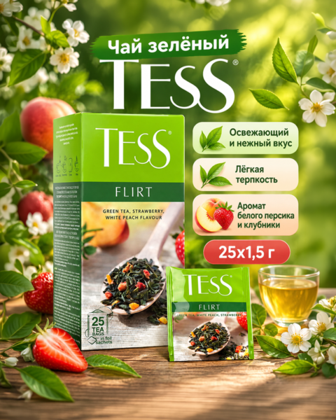 Чай зелёный "Flirt", TESS, с клубникой и ароматом белого персика, 25 пакетиков, 37,5 г