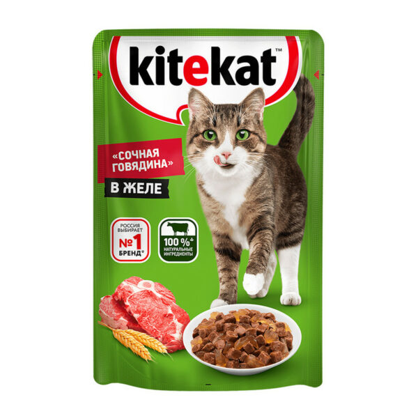 Влажный корм для кошек, Kitekat, говядина в желе, 85 г