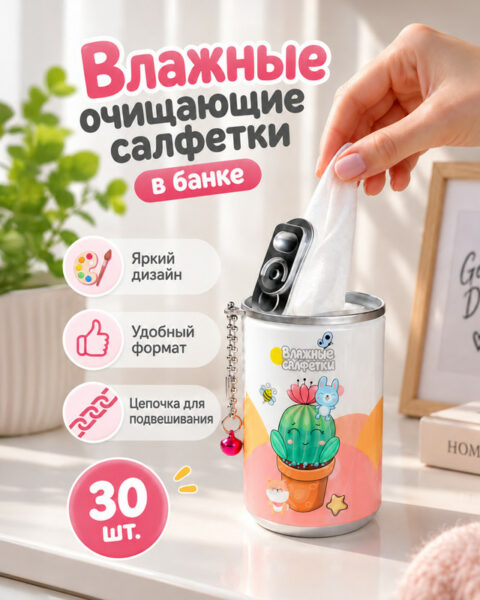 Влажные очищающие салфетки в банке, 30 шт., в ассортименте
