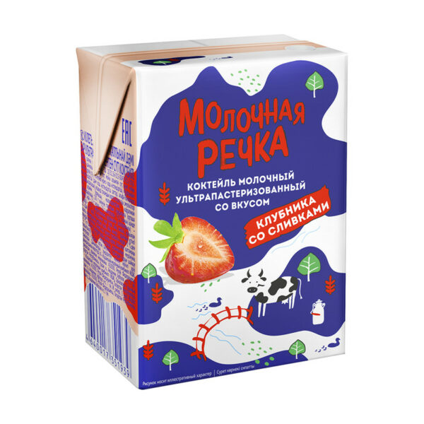 Молочный коктейль, Молочная Речка, клубника со сливками, 2%, БЗМЖ, 0,2 л