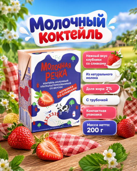 Молочный коктейль, Молочная Речка, клубника со сливками, 2%, БЗМЖ, 0,2 л