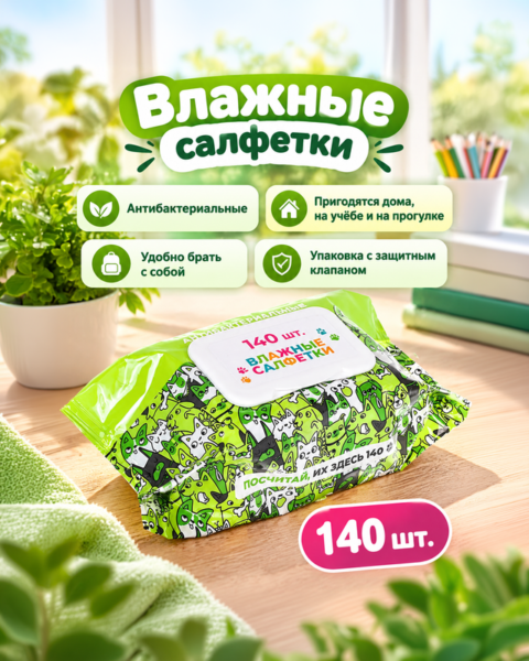 Влажные салфетки "Антибактериальные", 140 шт., в ассортименте