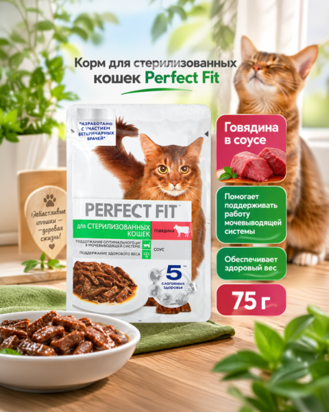 Корм для стерилизованных кошек, Perfect Fit, говядина, 75 г