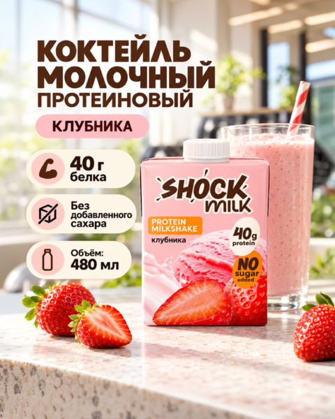 Коктейль молочный, SHOCK MILK, со вкусом клубники, 480 мл