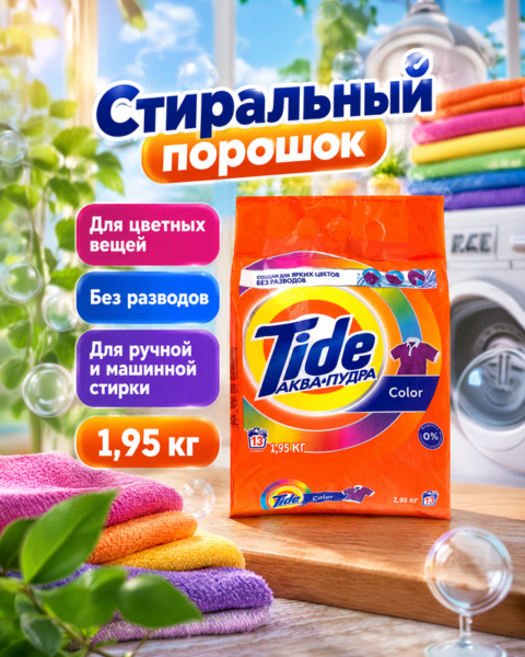 Стиральный порошок "Аква-пудра", Tide, для цветных вещей, 1,95 кг