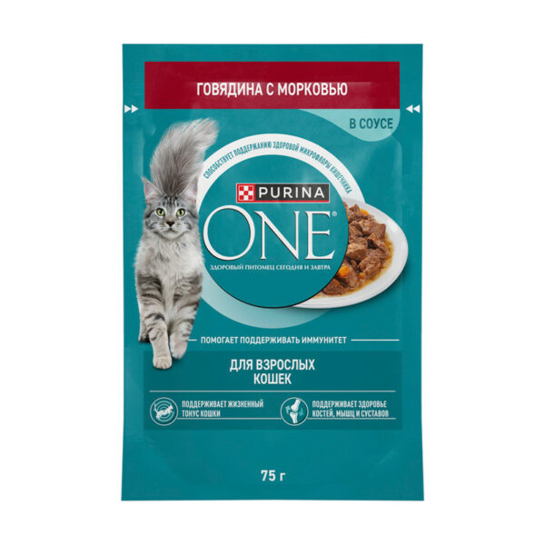 Влажный корм для взрослых кошек, PURINA ONE, с говядиной и морковью, 75 г