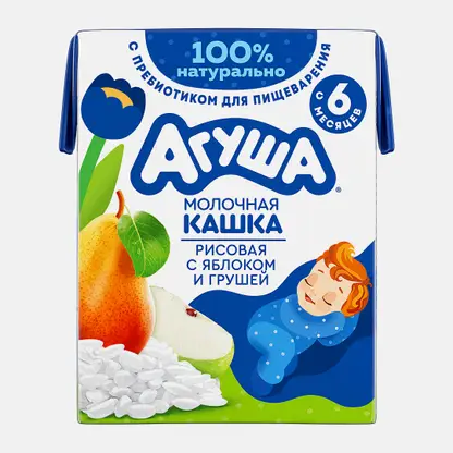Каша детская жидкая молочная рисовая Агуша Яблоко-Груша 200мл с 6 месяцев