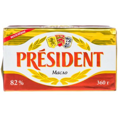 Масло кислосливочное President несоленое 82%, 360г