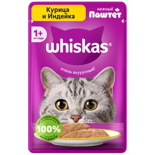 Корм влажный Whiskas паштет с курицей и индейкой для взрослых кошек полнорационный 75г