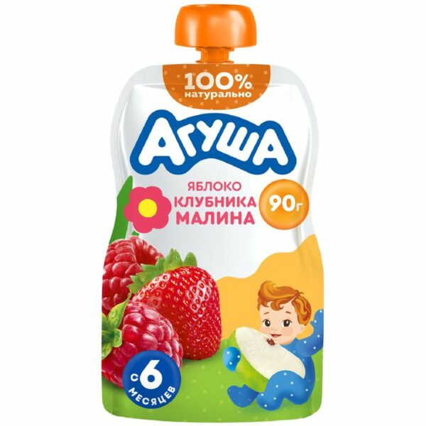 Пюре детское фруктовое Агуша Яблоко-Клубника-Малина с 6 мес., 90г
