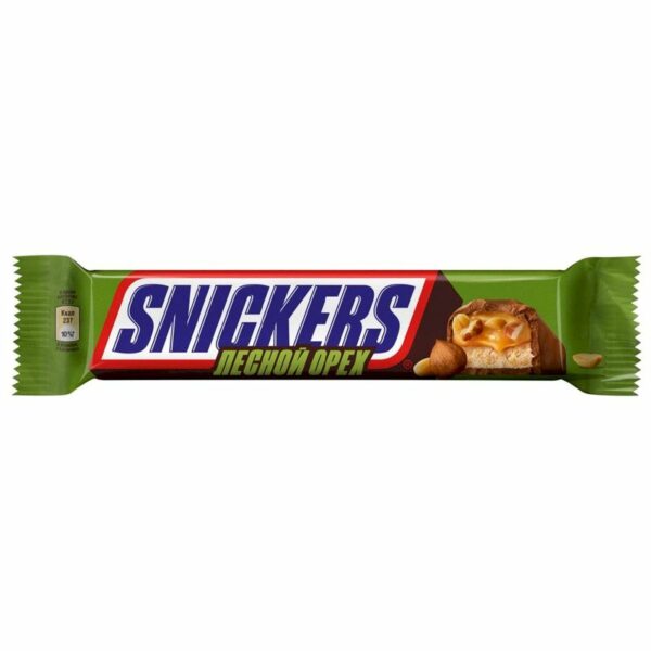 Батончик Snickers Лесной орех шоколадный с арахисом, карамелью, фундуком и нугой 81г