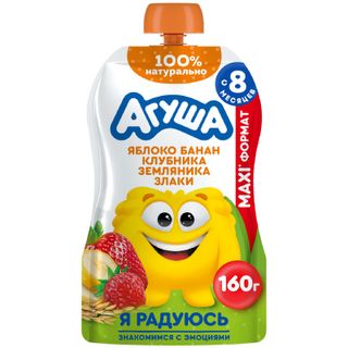 Пюре детское фруктовое Агуша Яблоко-Банан-Клубника-Злаки с 8 мес., 160гр
