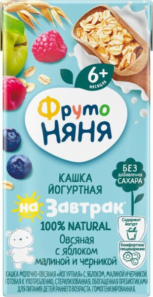 Каша ФрутоНяня молочно-овсяная йогуртная с яблоком малиной и черникой с 6 месяцев 200мл