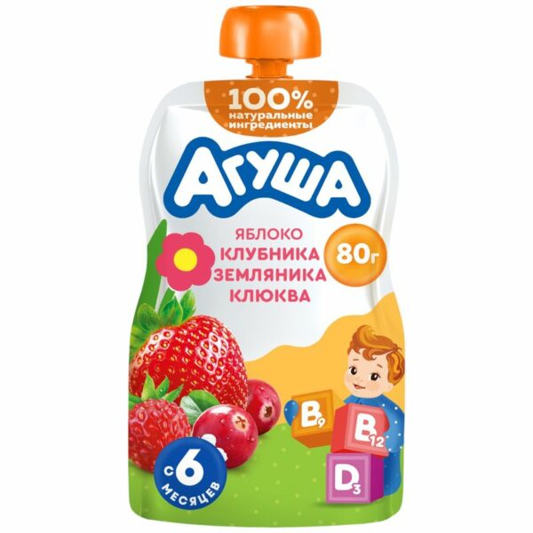 Пюре детское фруктовое Агуша Яблоко-Клубника-Земляника-Клюква с 6 мес., 80г