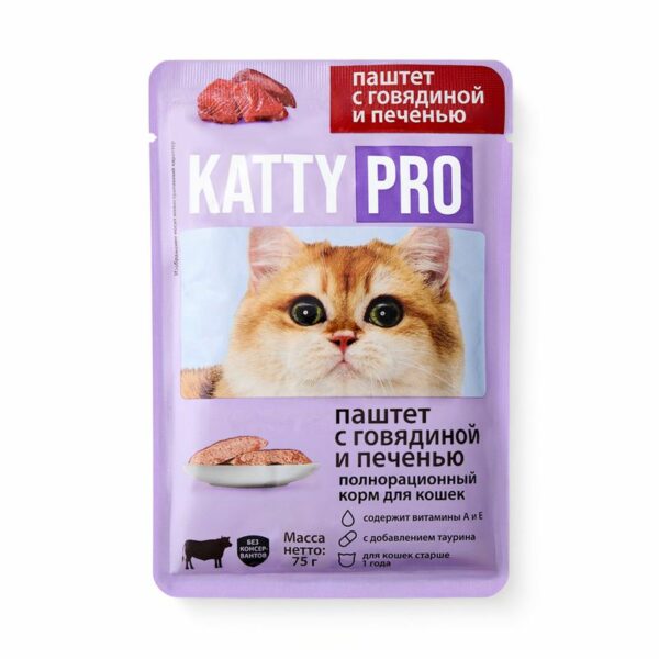 Корм влажный Katty Pro паштет с говядиной и печень для взрослых кошек 75г