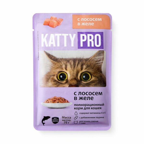 Корм влажный Katty Pro с лососем в желе для кошек 75г