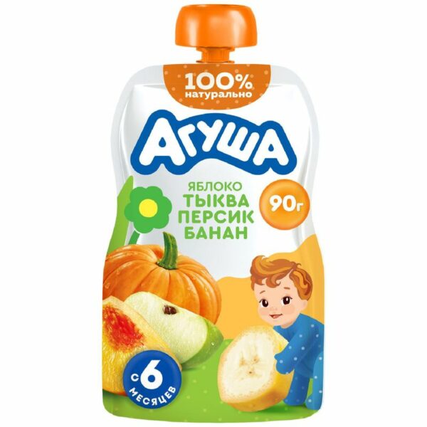 Пюре детское фруктовое Агуша Яблоко-Тыква-Персик-Банан с 6 мес., 90г