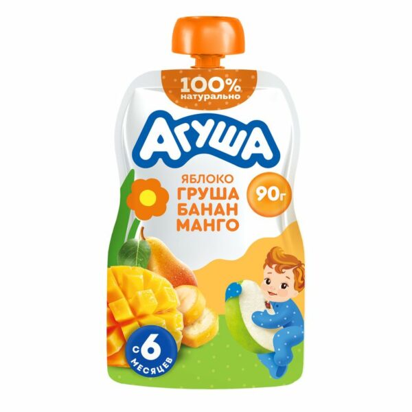 Пюре детское фруктовое Агуша Яблоко-Груша-Банан-Манго с 6 мес., 90г