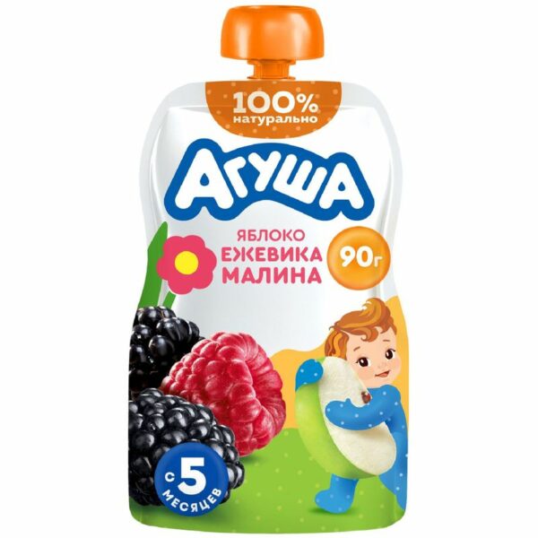 Пюре детское фруктовое Агуша Яблоко-Ежевика-Малина с 5 мес., 90г