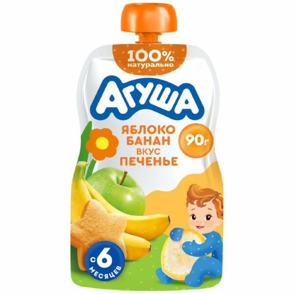 Пюре детское фруктовое Агуша Яблоко-Банан-Печенье с 6 мес., 90г
