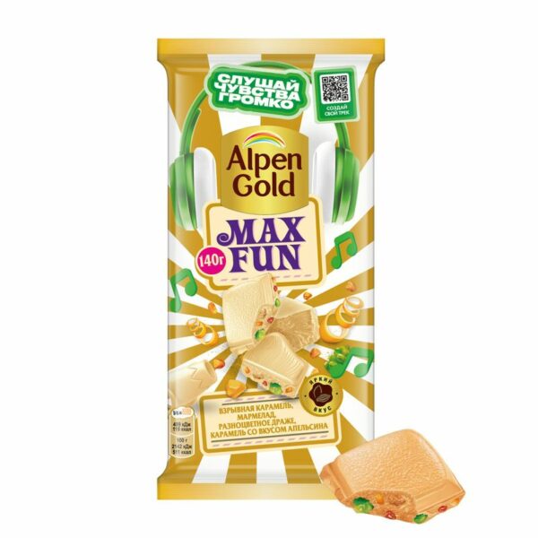 Шоколад Alpen Gold МaxFun Взрывная карамель, мармелад, шоколадное драже, карамель со вкусом апельсина белый 140г