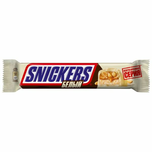 Батончик Snickers Белый шоколадный с арахисом, карамелью и нугой 81г