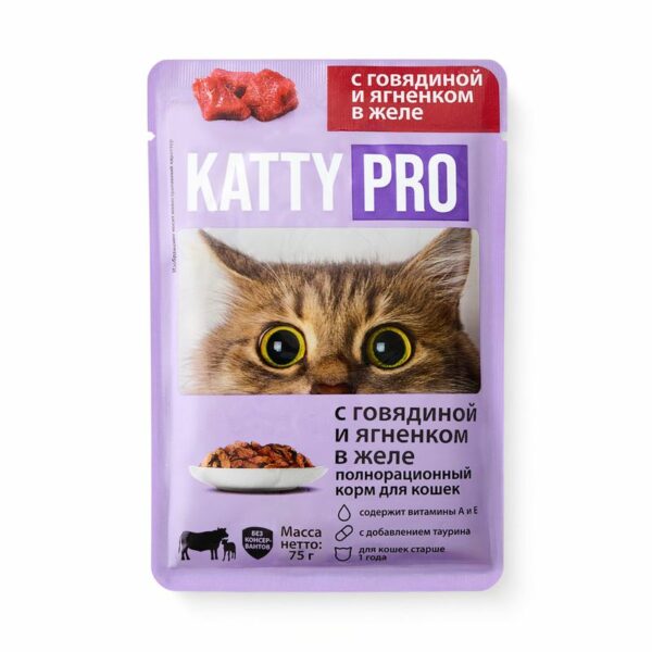 Корм влажный Katty Pro с говядиной и ягненком в желе для кошек 75г