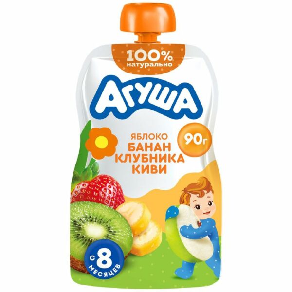Пюре детское фруктовое Агуша Яблоко-Банан-Клубника-Киви с 8 мес., 90г