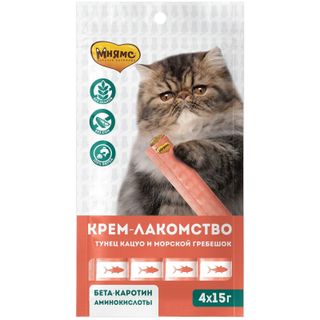 Крем-лакомство Мнямс для кошек с тунцом Кацуо и морским гребешком 4x15г