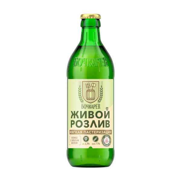 Пиво Бочкарев Живой Розлив Светлое 4,3% 0,43л Стекло