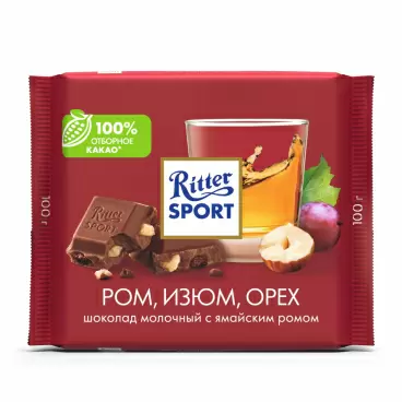 Шоколад Ritter Sport Молочный Ром Изюм Орех 100г